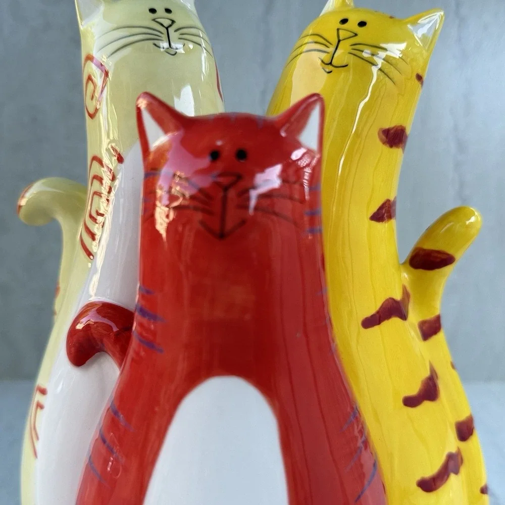 Bella Casa Whimsical Triple Cat Figurine Colorful Handpainted 9
